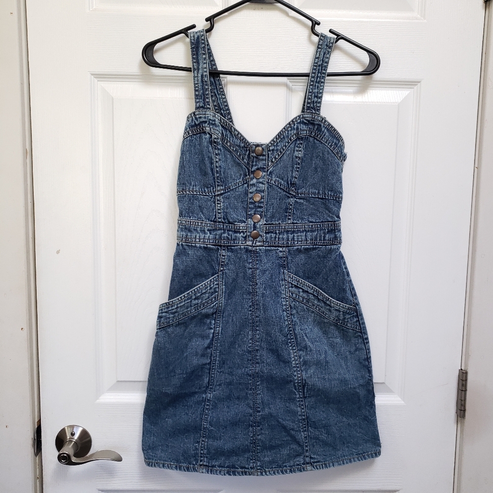 Japna Blue Denim Cotton Sleeveless Smocked Sweetheart Neckline Dress